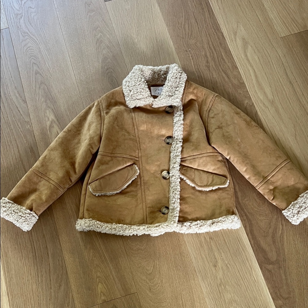 Zara Kids Tan Suede Style Kids Jacket with Sherpa Trim